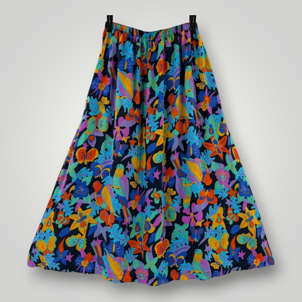 VTG Ken Done‎ Art To Wear Skirt Womens M Tropical Parrot Floral Rayon USA